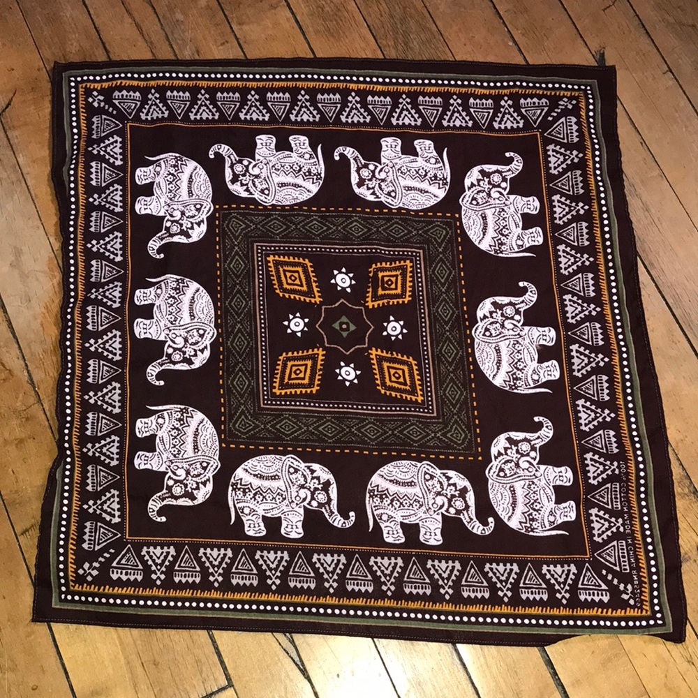Elephant Print Bandana Scarf - Brown & White with Gold Accents